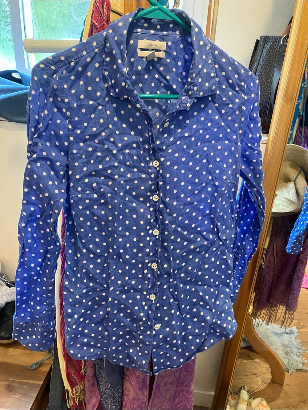J. Crew Periwinkle Polka Dot Button-Down Linen Blouse